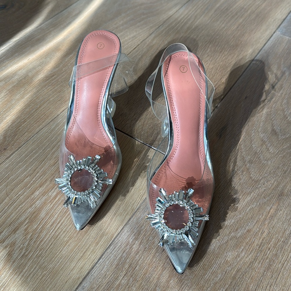 Clear sling back heels, size 7 (fit like a 6), rhinestone embellishment